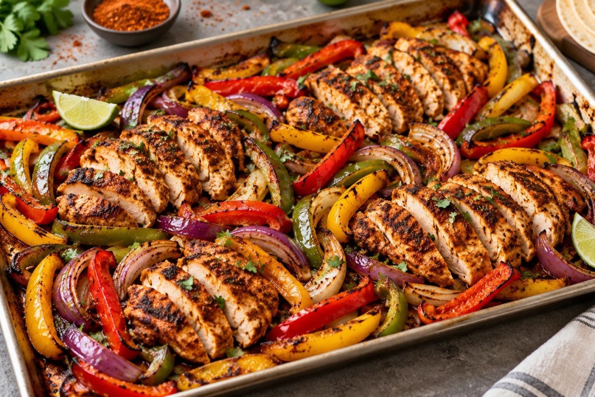Chicken Fajita Sheet Pan Dinner with juicy chicken, peppers and onions roasted at 425°F. Get exact ingredients, timing, seasoning, storage tips and 165°F safety guidance.
