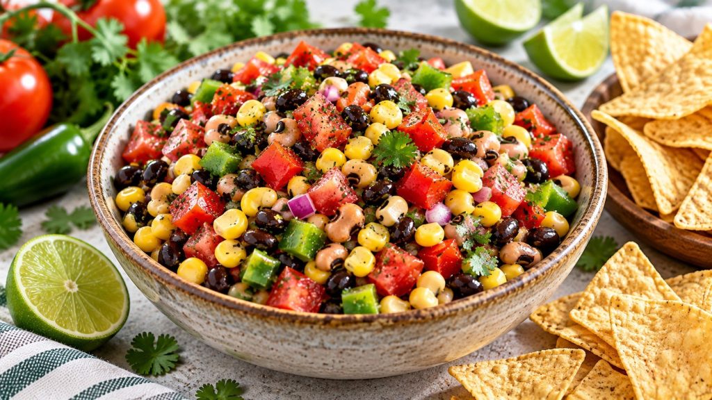 Cowboy Caviar recipe with black beans, corn, tomatoes, peppers and fresh lime dressing, including exact ratios, preparation steps, storage advice and serving ideas.
