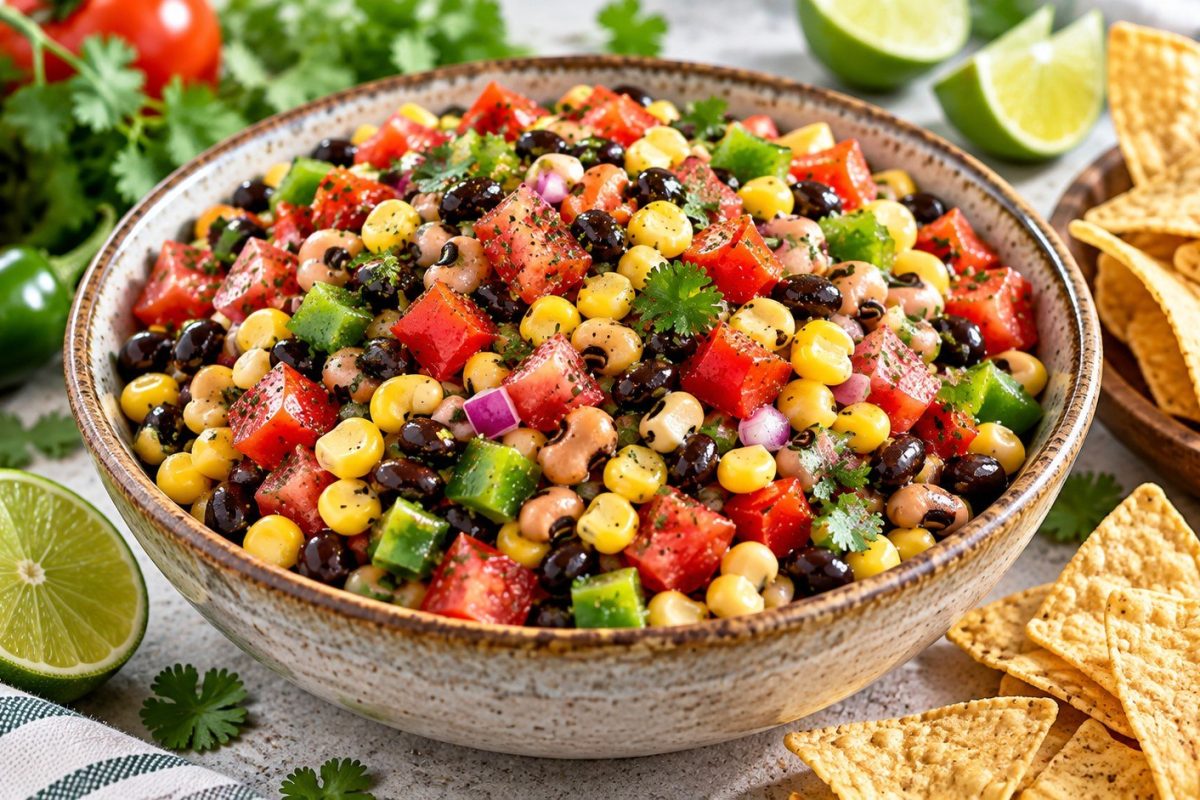 Cowboy Caviar recipe with black beans, corn, tomatoes, peppers and fresh lime dressing, including exact ratios, preparation steps, storage advice and serving ideas.