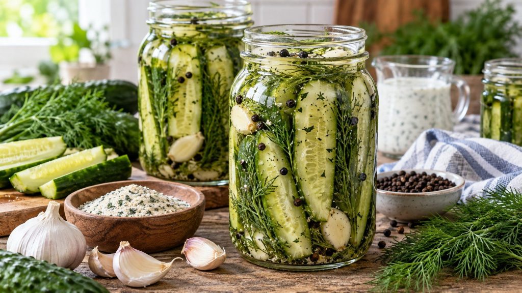 Ranch Dill Pickles combine crisp dill pickles with ranch seasoning in a simple 5-minute recipe, including ratios, 24-hour resting time, storage tips, and serving ideas.