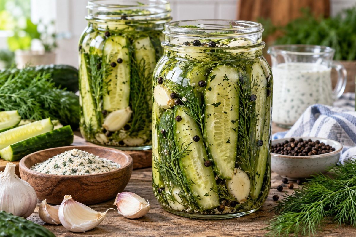 Ranch Dill Pickles combine crisp dill pickles with ranch seasoning in a simple 5-minute recipe, including ratios, 24-hour resting time, storage tips, and serving ideas.
