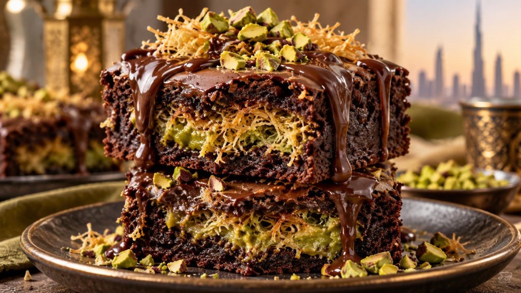 Dubai Chocolate Brownies combine fudgy chocolate, pistachio cream and crispy kataifi. Learn exact quantities, baking steps, layering tips and common mistakes.