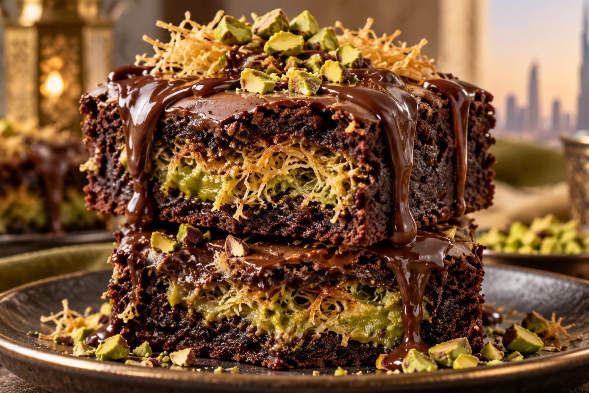 Dubai Chocolate Brownies combine fudgy chocolate, pistachio cream and crispy kataifi. Learn exact quantities, baking steps, layering tips and common mistakes.
