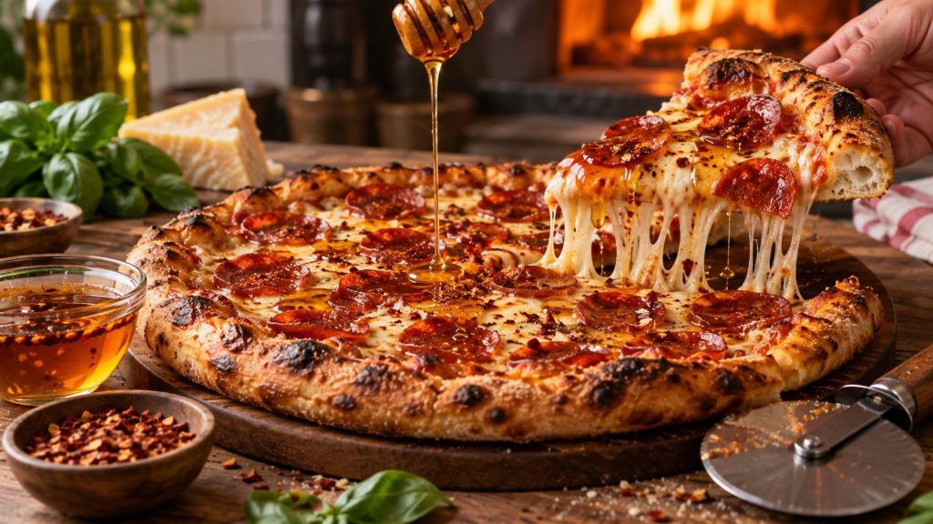 Hot Honey Pepperoni Pizza recipe with crisp pepperoni, mozzarella, homemade spicy honey, exact baking steps, topping ratios, storage advice, and reheating tips.