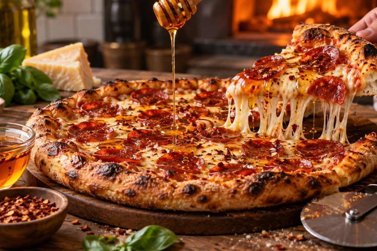 Hot Honey Pepperoni Pizza recipe with crisp pepperoni, mozzarella, homemade spicy honey, exact baking steps, topping ratios, storage advice, and reheating tips.