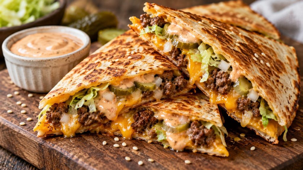 Big Mac Quesadilla recipe with seasoned beef, melted cheese, pickles, lettuce and homemade burger sauce, plus frying tips for a crisp tortilla.