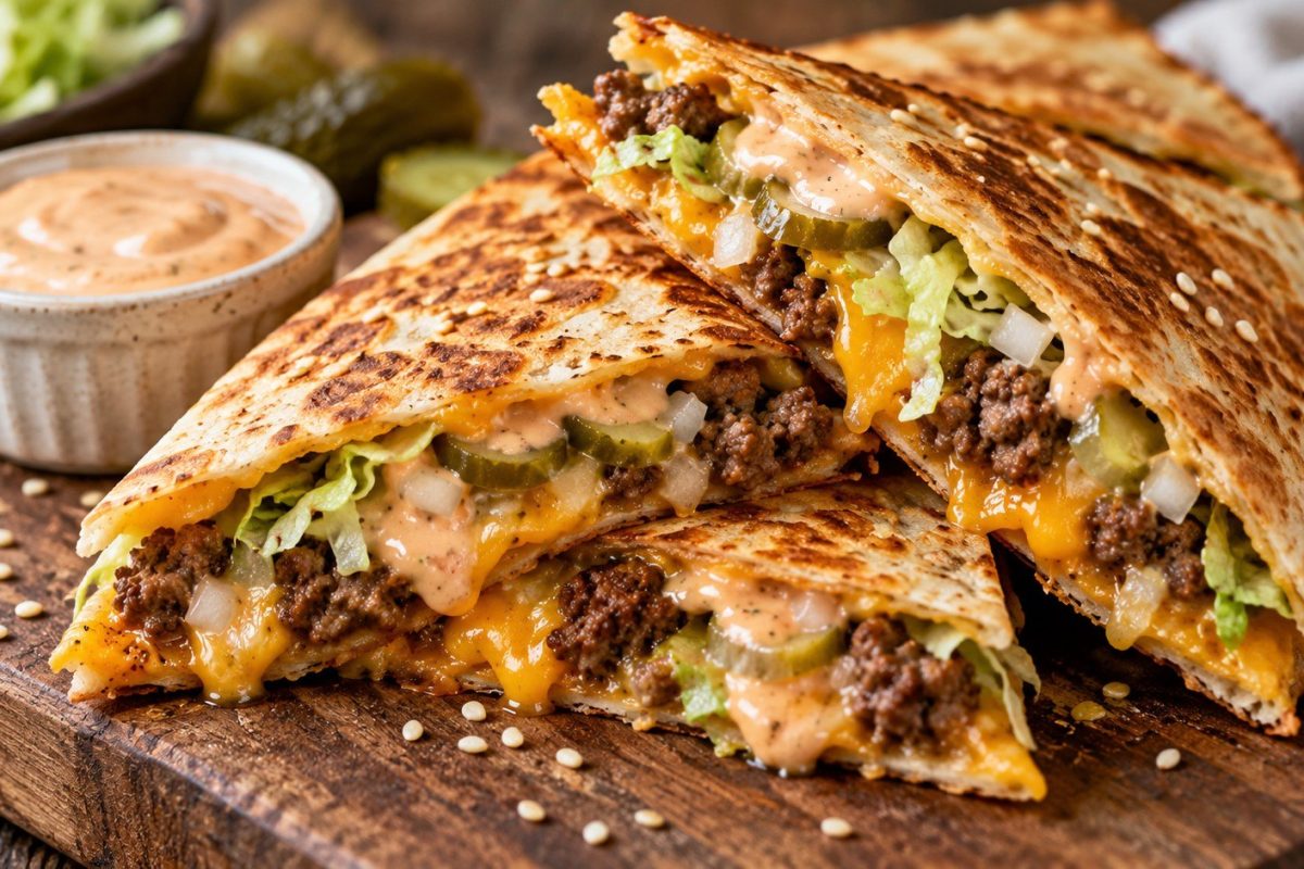 Big Mac Quesadilla recipe with seasoned beef, melted cheese, pickles, lettuce and homemade burger sauce, plus frying tips for a crisp tortilla.