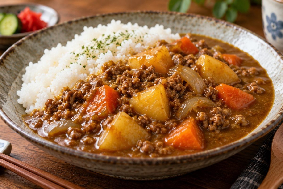 Japanese Ground Beef Curry is an easy Japanese curry recipe with browned beef, potatoes, carrots, curry roux and rice, ready for a practical weeknight dinner.