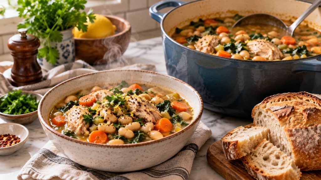 Chicken and White Bean Stew is a hearty one-pot dinner with tender chicken, creamy cannellini beans, vegetables, herbs, and a naturally thick broth.