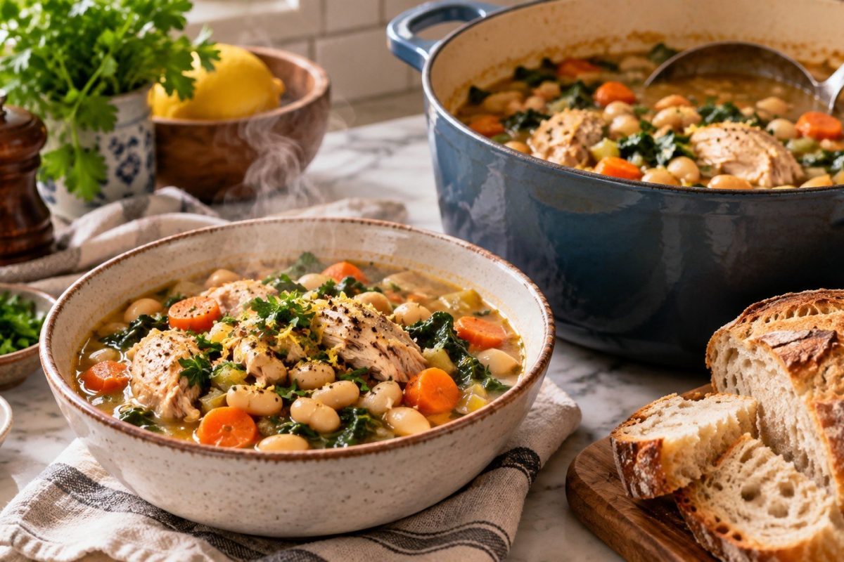 Chicken and White Bean Stew is a hearty one-pot dinner with tender chicken, creamy cannellini beans, vegetables, herbs, and a naturally thick broth.