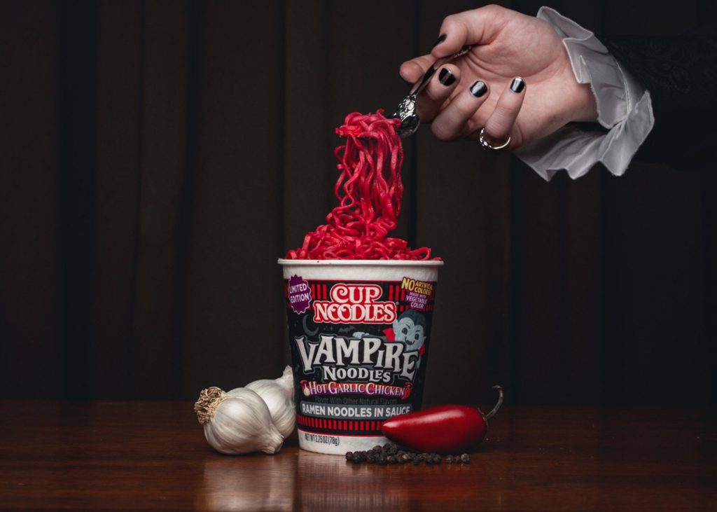 Cup Noodles Vampire Noodles turn blood red with hot water, cost $1.18 at Walmart and arrive with a limited $3,999 coffin.