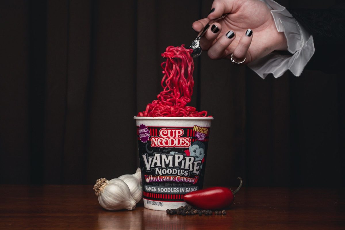 Cup Noodles Vampire Noodles turn blood red with hot water, cost $1.18 at Walmart and arrive with a limited $3,999 coffin.