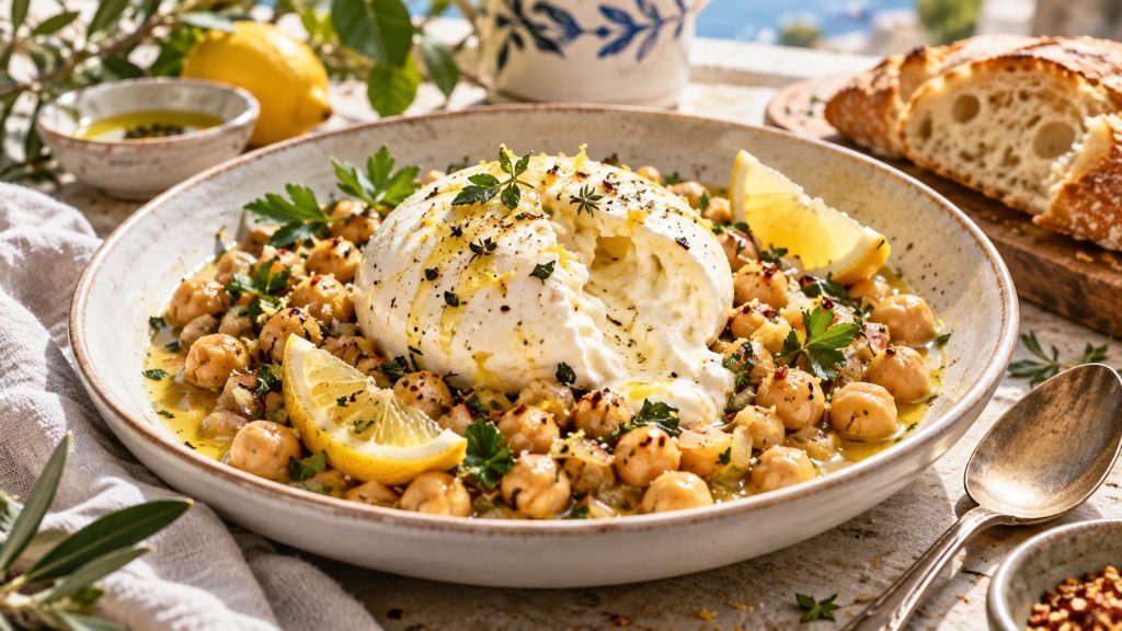 Chickpeas al Limone with burrata is a 25-minute lemon chickpea recipe with Parmesan, garlic, olive oil, and a silky sauce made from chickpea liquid.