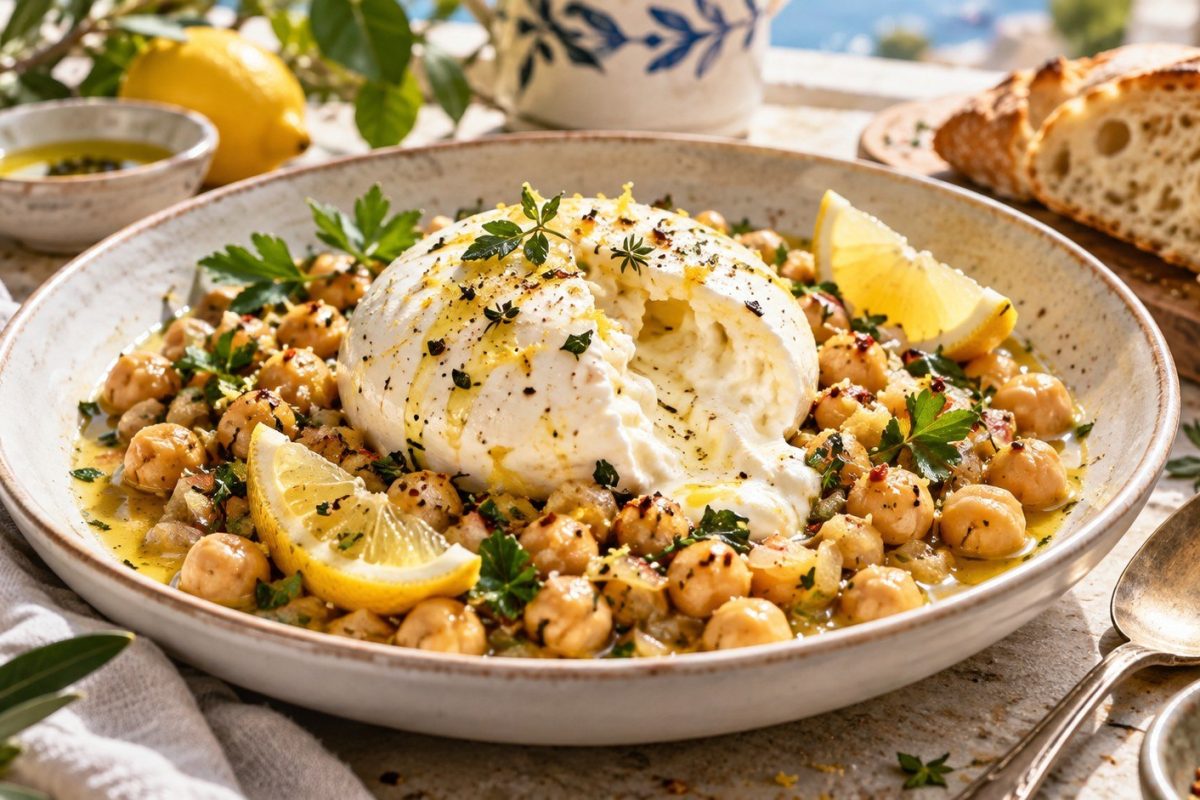 Chickpeas al Limone with burrata is a 25-minute lemon chickpea recipe with Parmesan, garlic, olive oil, and a silky sauce made from chickpea liquid.