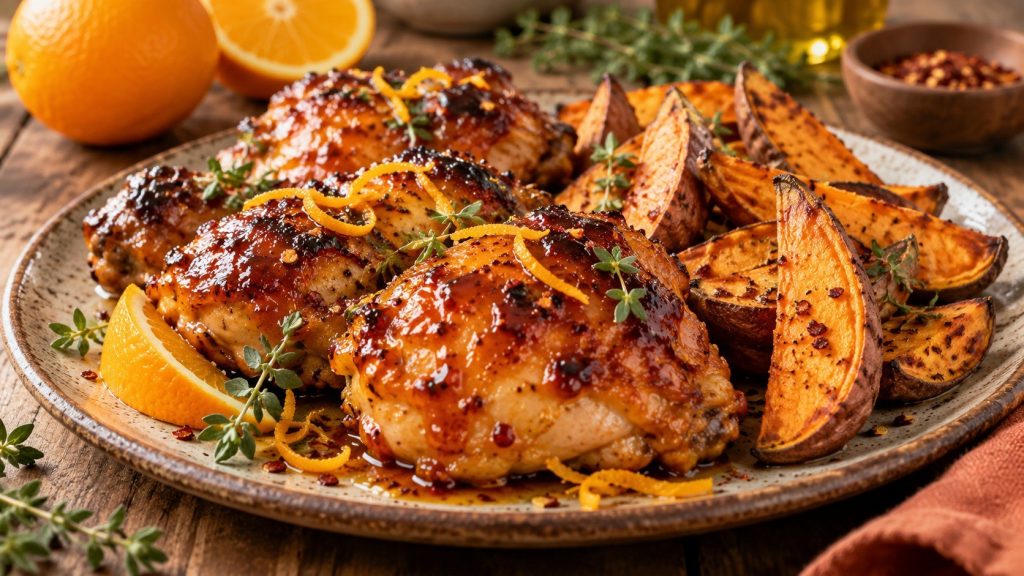 Spicy Marmalade Chicken combines juicy roasted thighs, orange glaze, chile, lime and sweet potatoes in an easy sheet-pan dinner for 4.