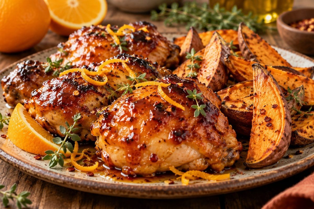 Spicy Marmalade Chicken combines juicy roasted thighs, orange glaze, chile, lime and sweet potatoes in an easy sheet-pan dinner for 4.