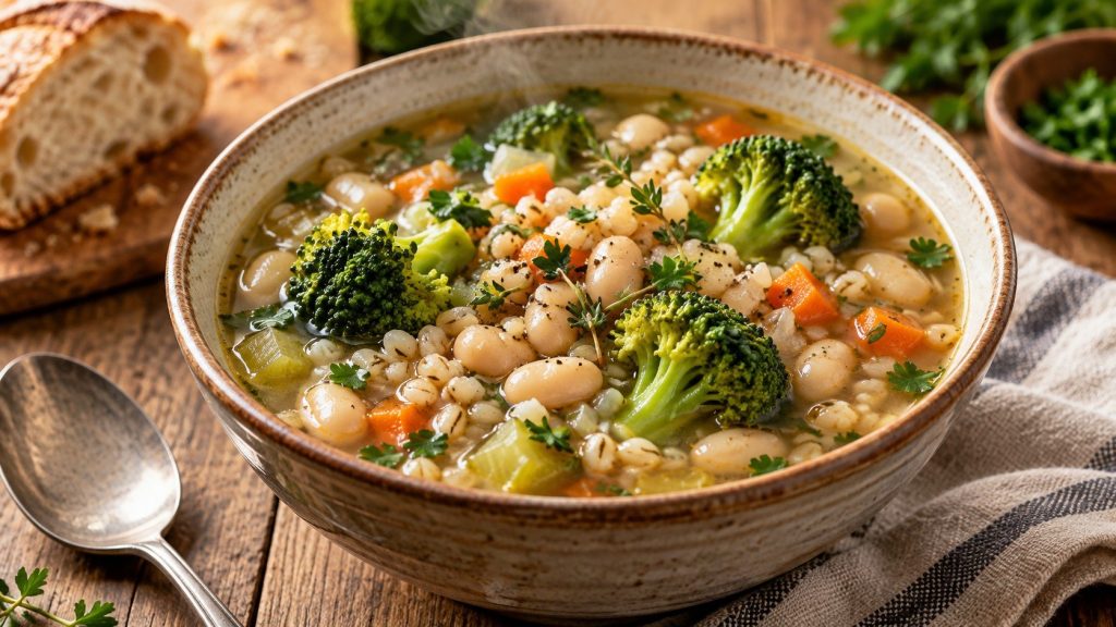 Broccoli Barley Bean Soup combines broccoli, pearl barley, white beans, vegetables, and herbs in a filling one-pot recipe with clear cooking times.
