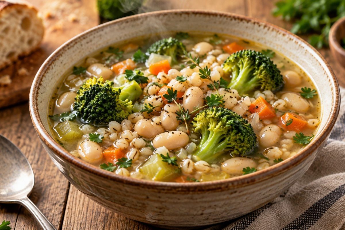 Broccoli Barley Bean Soup combines broccoli, pearl barley, white beans, vegetables, and herbs in a filling one-pot recipe with clear cooking times.