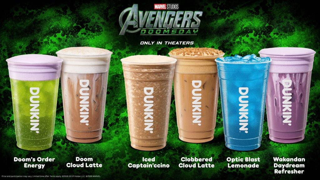 Dunkin Avengers Doomsday menu launches November 4 with themed drinks, donuts, Doctor Doom merchandise, tumblers and collectible cup sleeves.