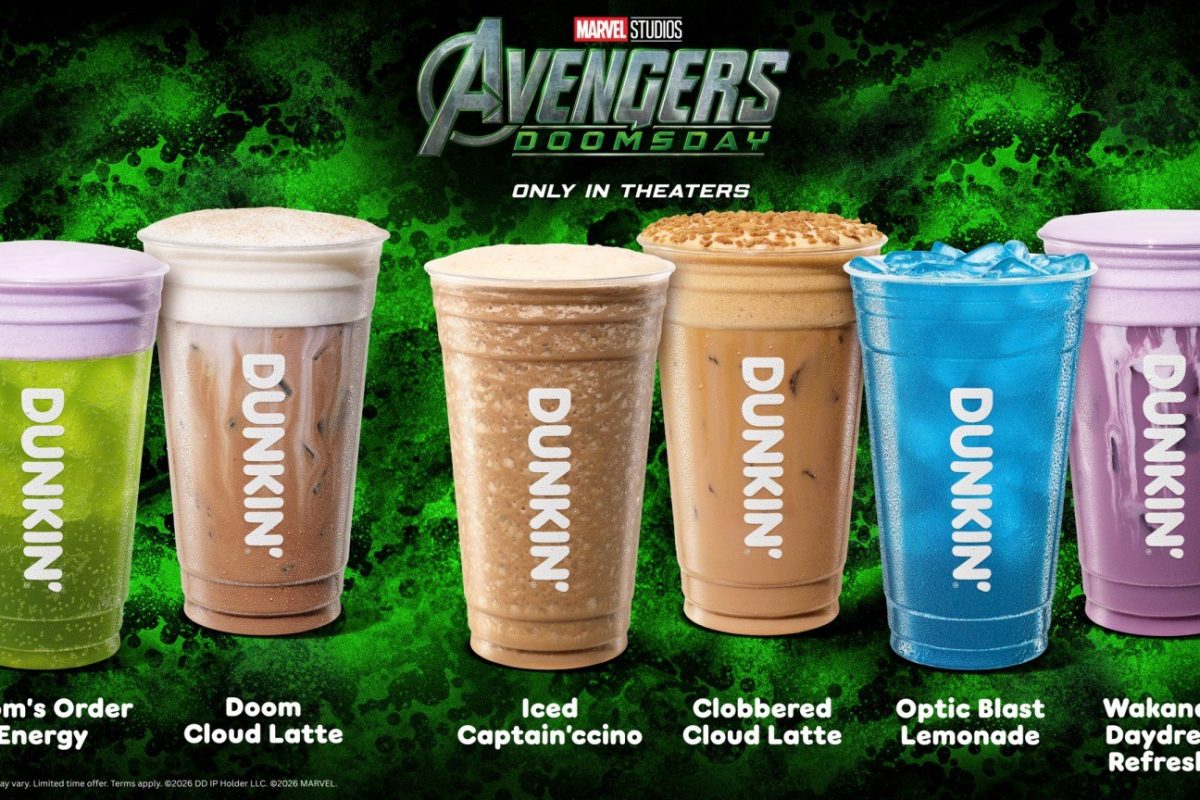 Dunkin Avengers Doomsday menu launches November 4 with themed drinks, donuts, Doctor Doom merchandise, tumblers and collectible cup sleeves.