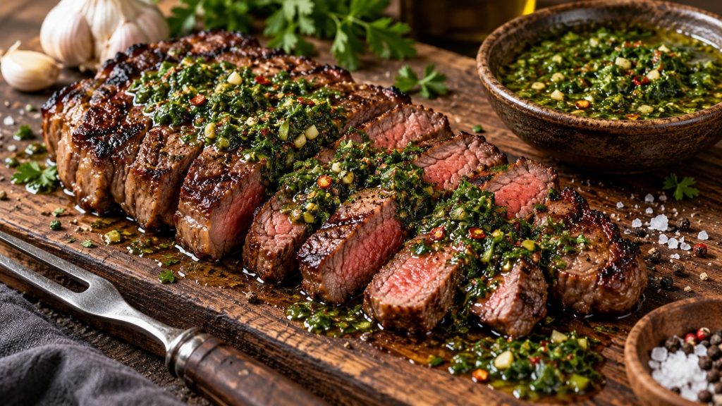 Chimichurri Steak is a seared or grilled steak served with fresh parsley, garlic, vinegar, olive oil, and chile sauce. Learn the best cuts, temperatures, and cooking method.