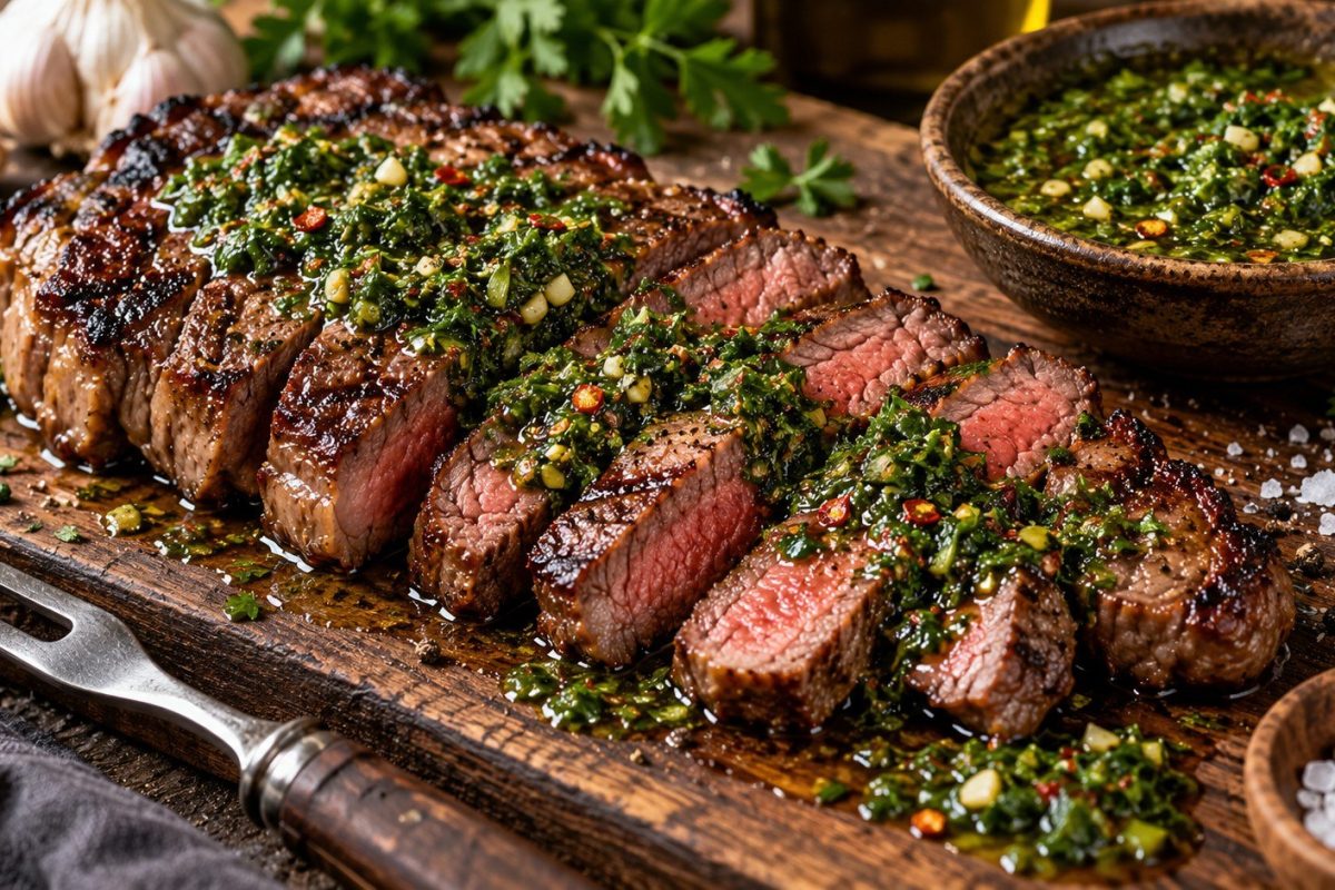 Chimichurri Steak is a seared or grilled steak served with fresh parsley, garlic, vinegar, olive oil, and chile sauce. Learn the best cuts, temperatures, and cooking method.