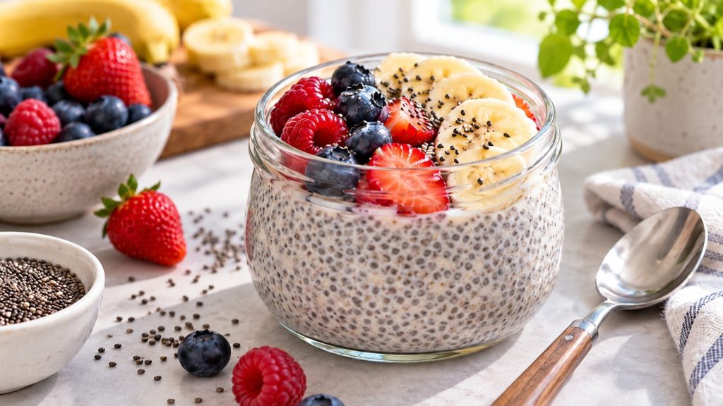 Chia pudding recipe for an easy breakfast: learn the best chia-to-milk ratio, preparation steps, nutrition facts, storage rules, and 5 simple flavor variations.