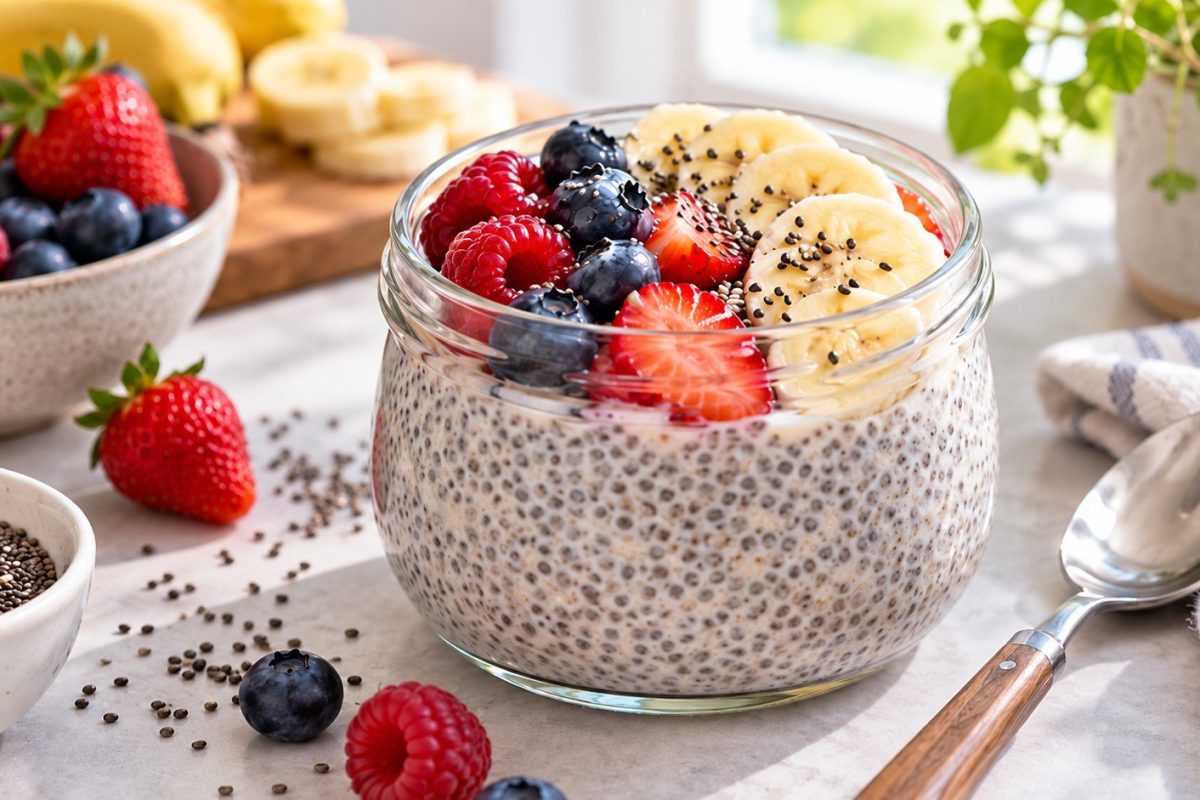 Chia pudding recipe for an easy breakfast: learn the best chia-to-milk ratio, preparation steps, nutrition facts, storage rules, and 5 simple flavor variations.
