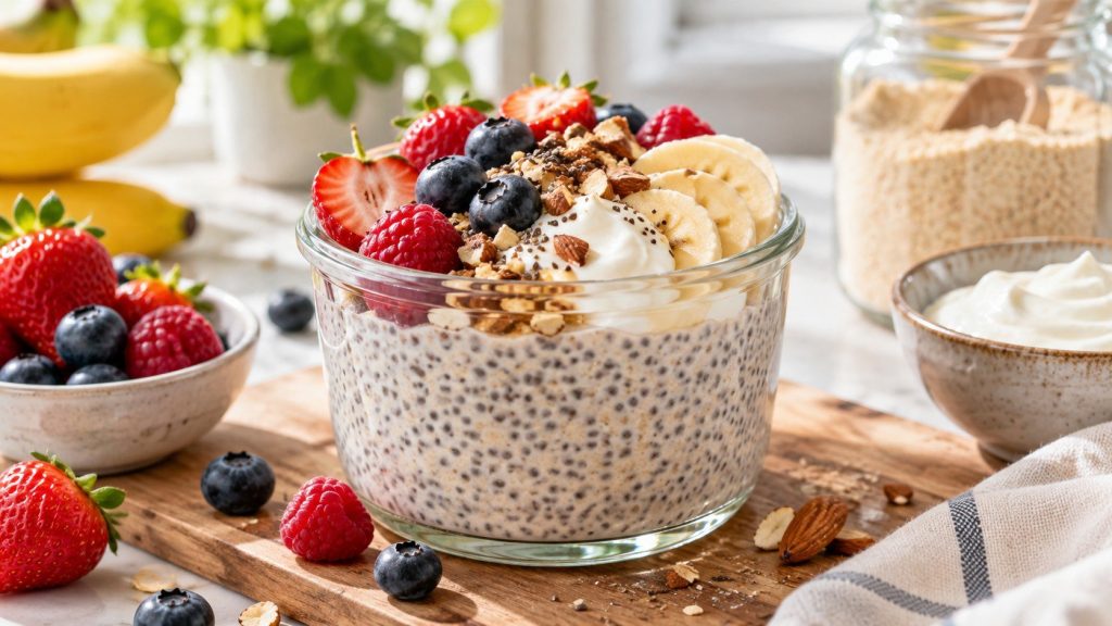 Protein Chia Pudding delivers about 28–35 g protein per serving using chia, Greek yogurt and protein powder. Learn the right ratio, mixing order and variations.