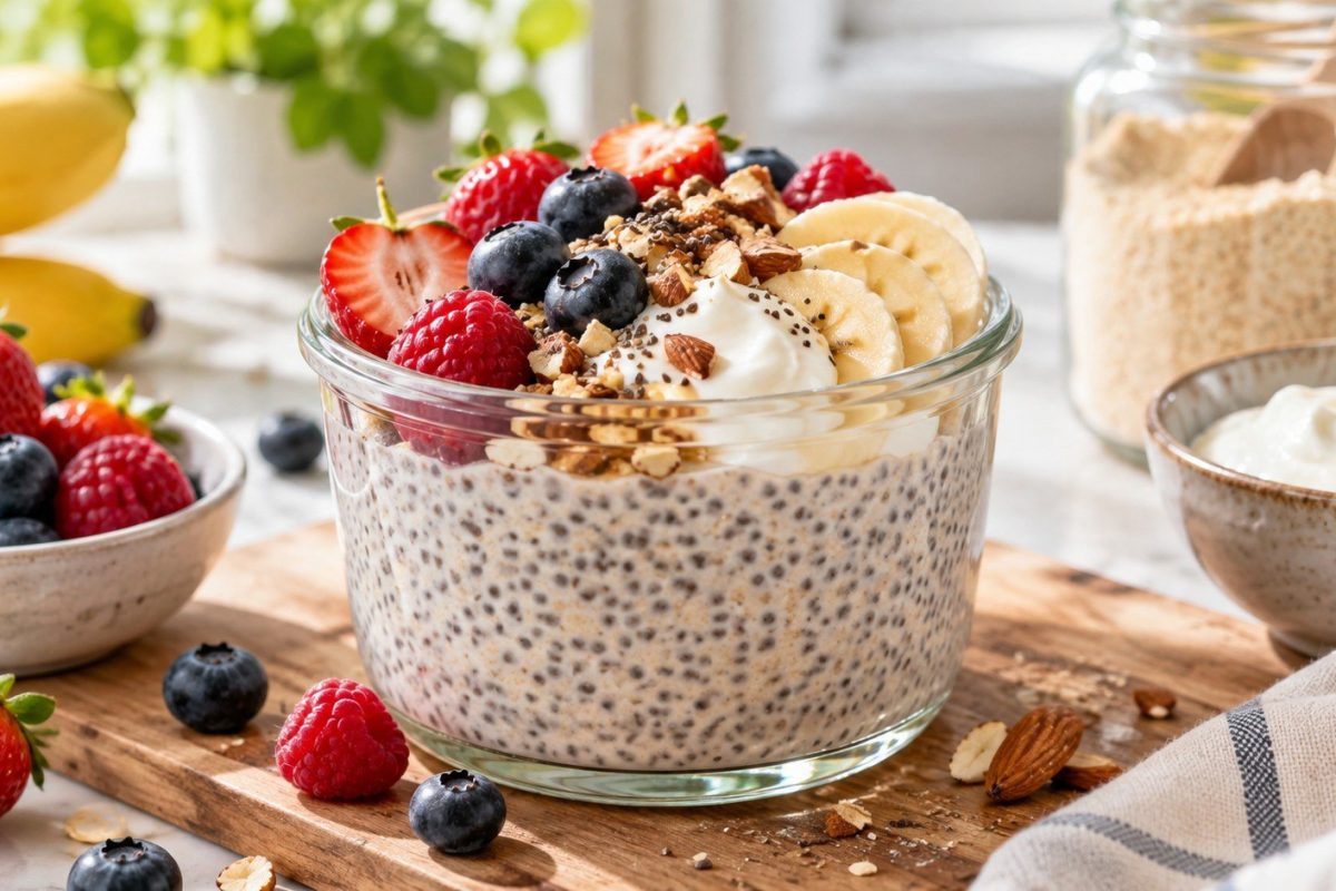 Protein Chia Pudding delivers about 28–35 g protein per serving using chia, Greek yogurt and protein powder. Learn the right ratio, mixing order and variations.