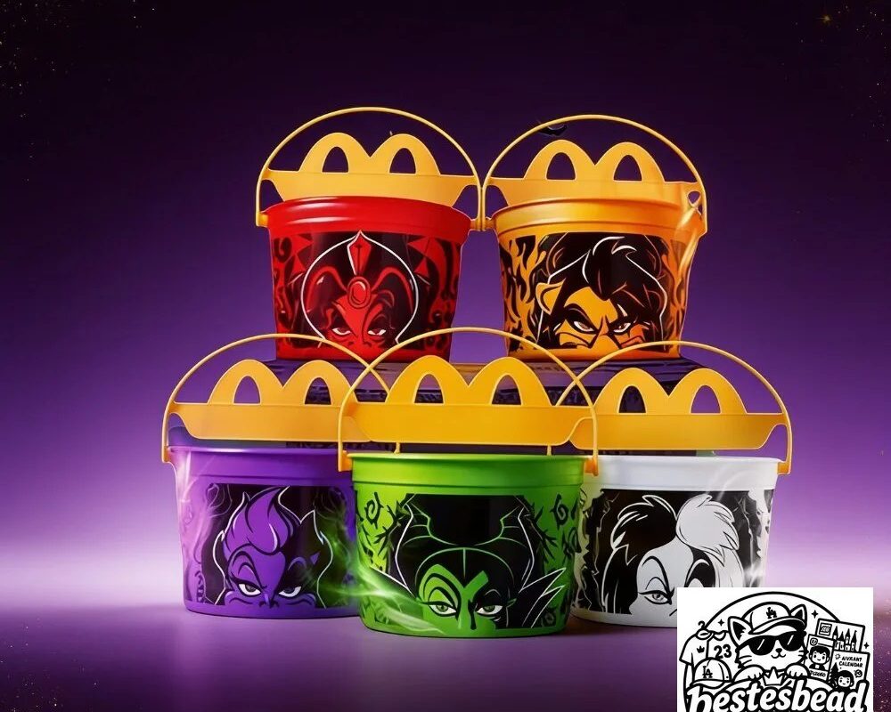 McDonald’s Boo Buckets 2026 launch October 20 with 5 Disney villains. See every Halloween Happy Meal design, release details and availability.