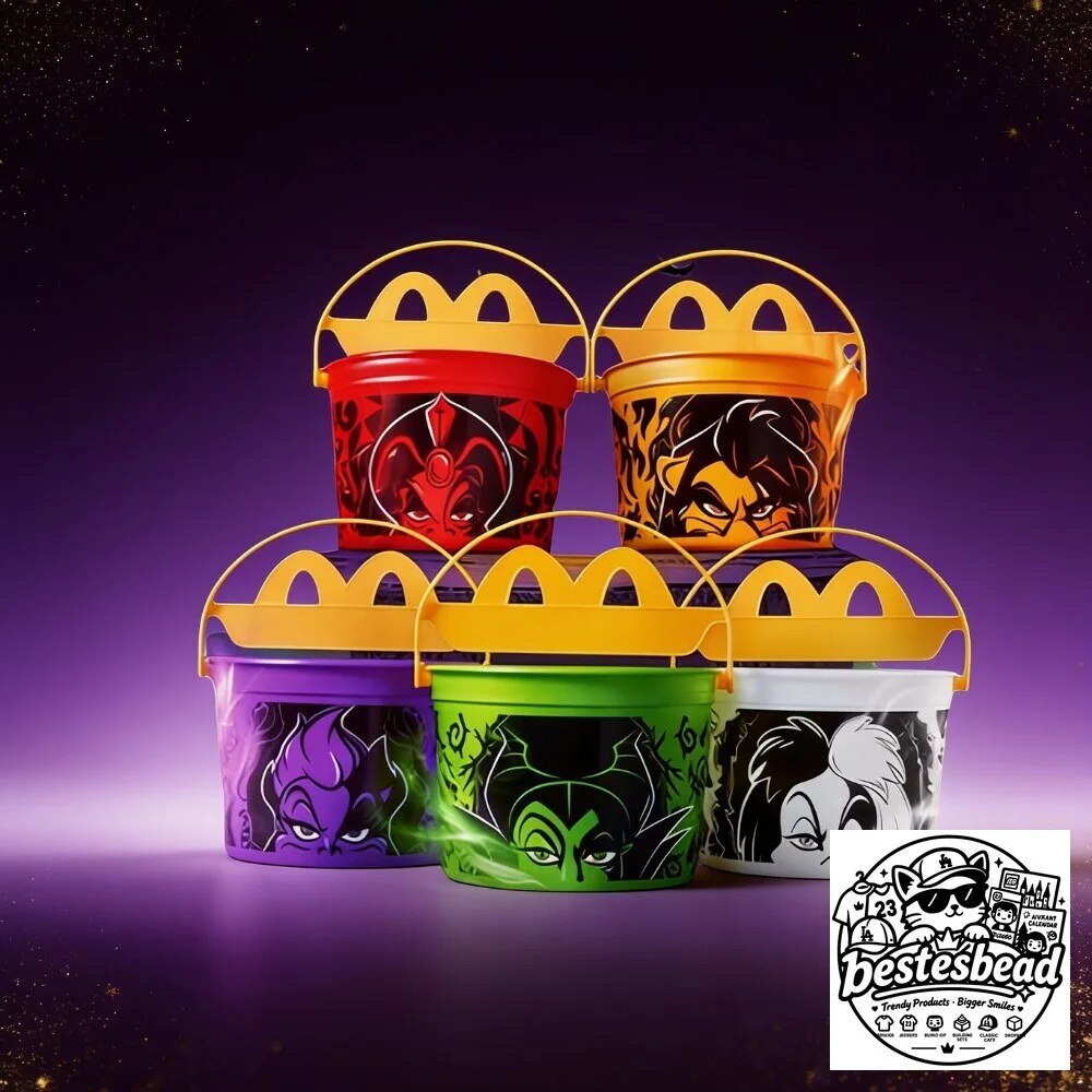 McDonald’s Boo Buckets 2026 launch October 20 with 5 Disney villains. See every Halloween Happy Meal design, release details and availability.