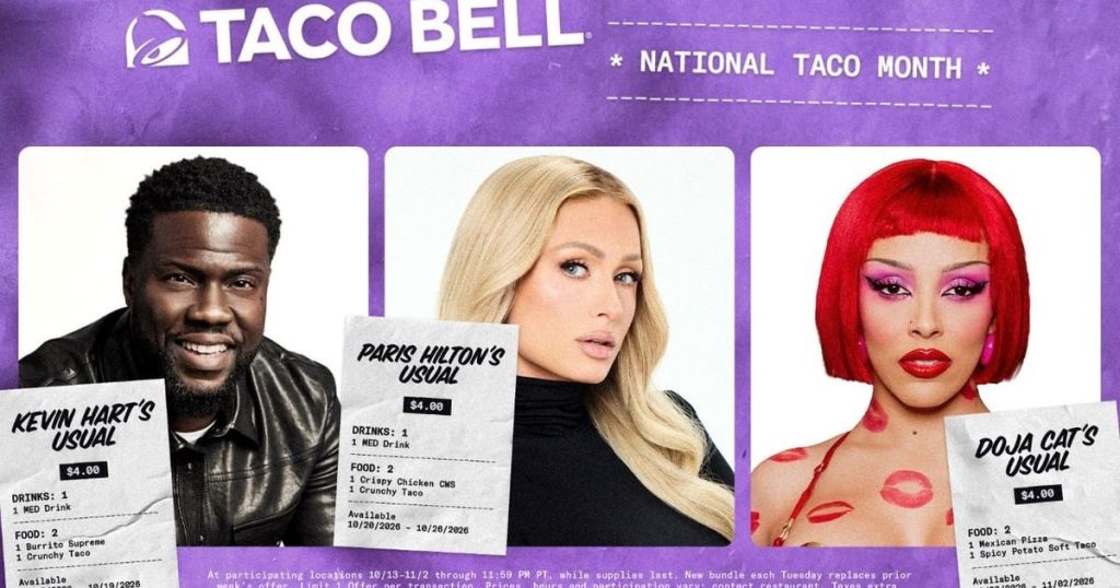 Taco Bell $4 celebrity meals feature Kevin Hart, Paris Hilton and Doja Cat. See October 2026 dates, menu items and how to claim $1 Tuesday deals.