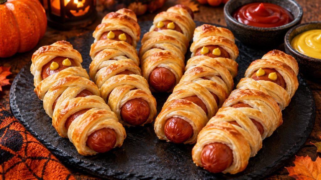 How to make Mummy Hot Dogs with crescent dough, baking times, wrapping tips, food-safety guidance, serving ideas, make-ahead advice, and Halloween variations.