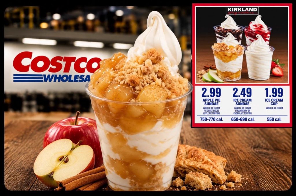 Costco Apple Pie Sundae arrives at U.S. food courts for $2.99, combining vanilla ice cream, apple filling, and crunchy pie crust.