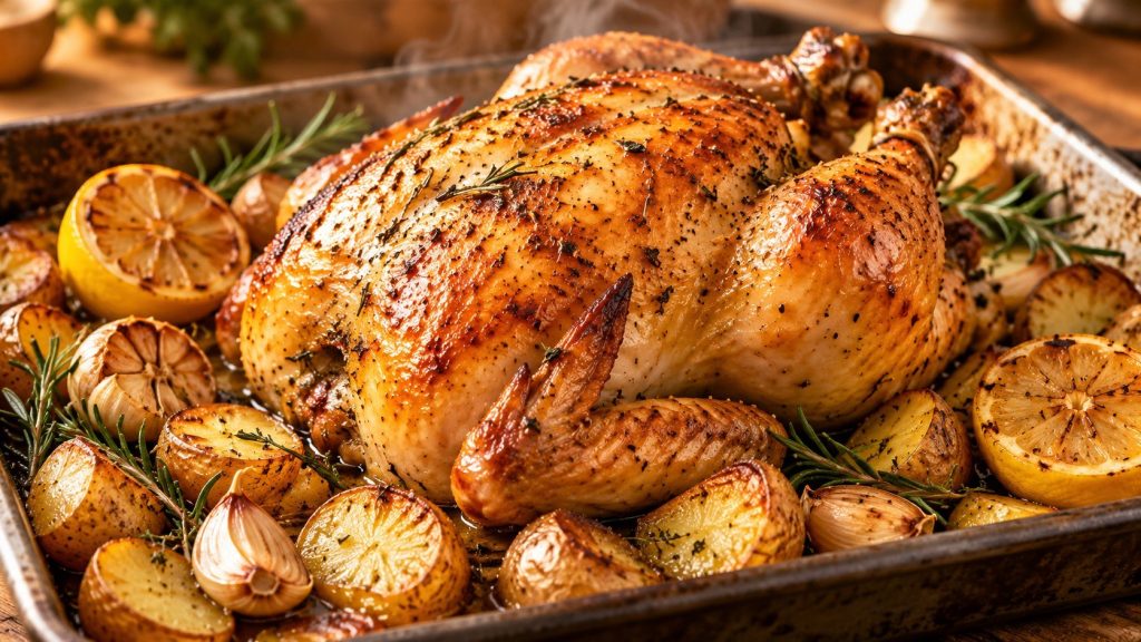 Roasted Whole Chicken with crisp skin and juicy meat: exact ingredients, oven temperatures, roasting times, 165°F safety guidance, carving tips, and common mistakes.