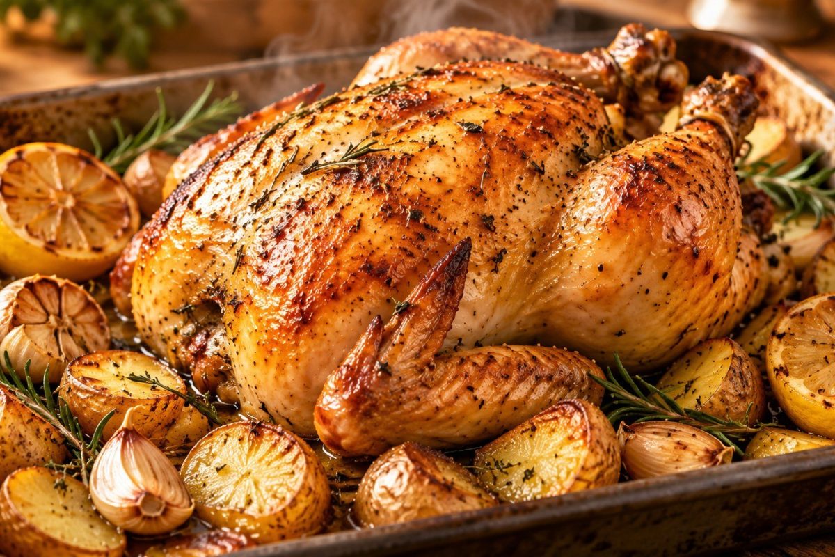 Roasted Whole Chicken with crisp skin and juicy meat: exact ingredients, oven temperatures, roasting times, 165°F safety guidance, carving tips, and common mistakes.