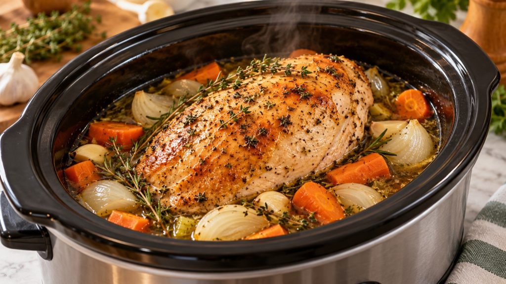 Crockpot Turkey Breast recipe with exact ingredients, slow cooker timing, 165°F safety guidance, crispy skin method, gravy tips, and storage advice.
