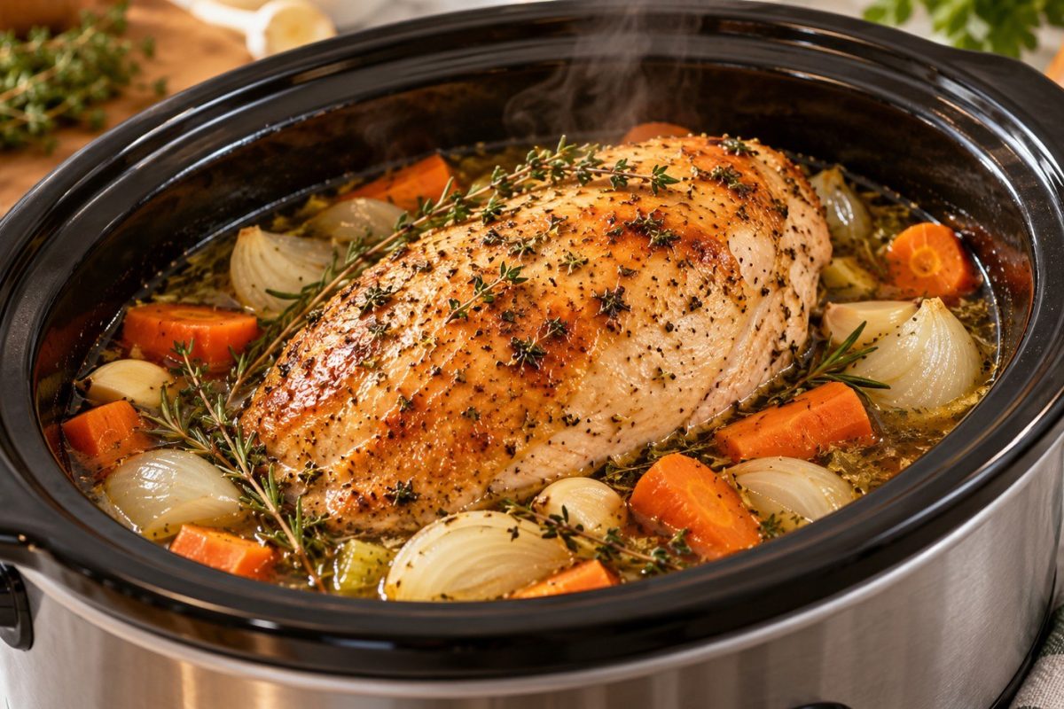 Crockpot Turkey Breast recipe with exact ingredients, slow cooker timing, 165°F safety guidance, crispy skin method, gravy tips, and storage advice.