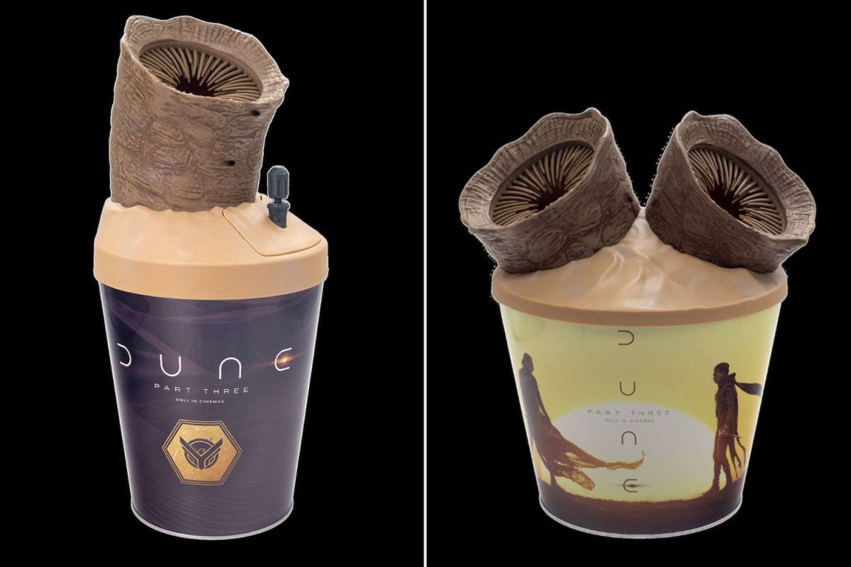 Dune: Part Three popcorn buckets revealed by AMC feature double sandworms and a moving thumper. Discover their designs and December 2026 release.